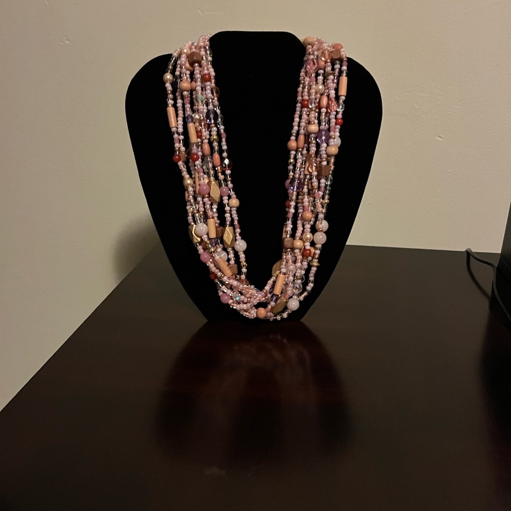 JOAN RIVERS COLLECTION Brass Plate Pink Multi Strand Glass Bead 18" Necklace